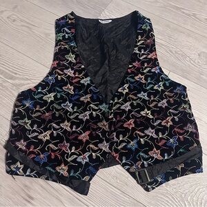 Vintage PREZZIA Floral Embroidered Black Multicolor Buckle Sleveless Vest, Sz L